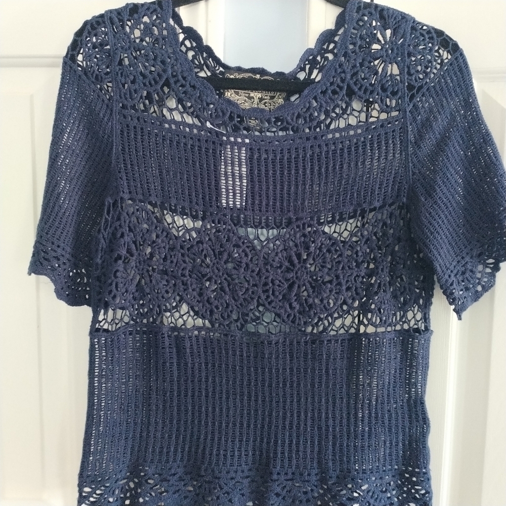 Anthropologie James Coviello Crochet Navy Top XS - Picture 3 of 11